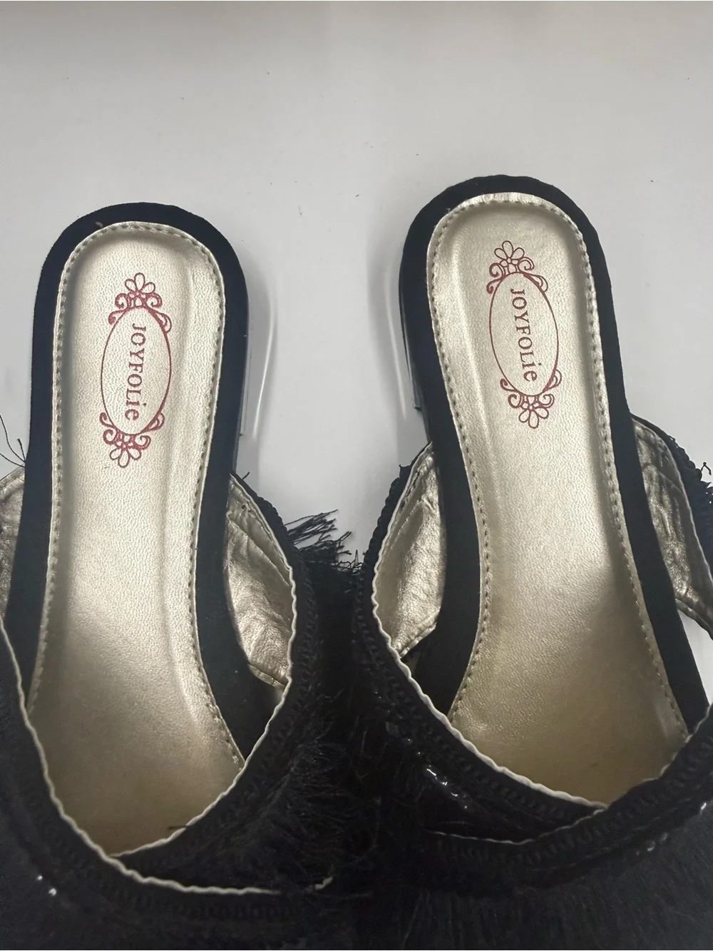 Joyfolie Danielle black fringe slide Sandle Youth size 6